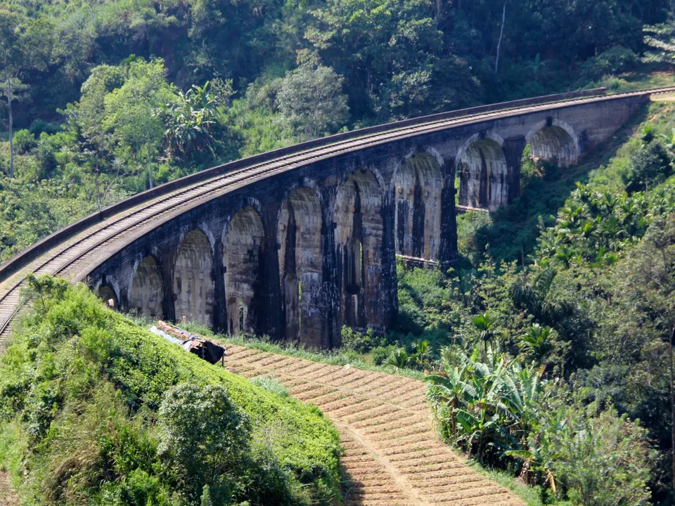 The Nine Arch Bridge curving through tea and jungle near Ella